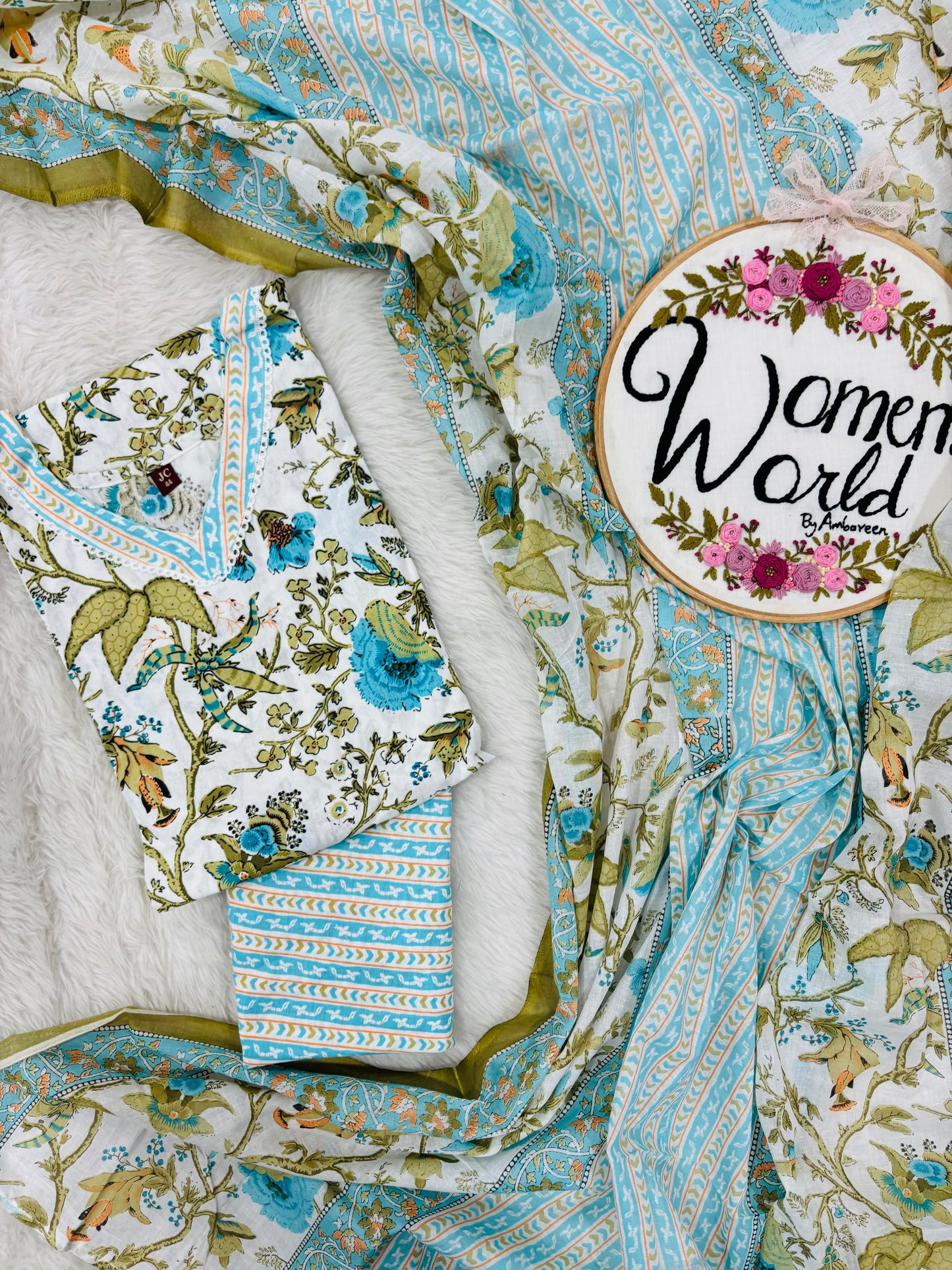 White mixed mehendi floral Salwar with Dupatta