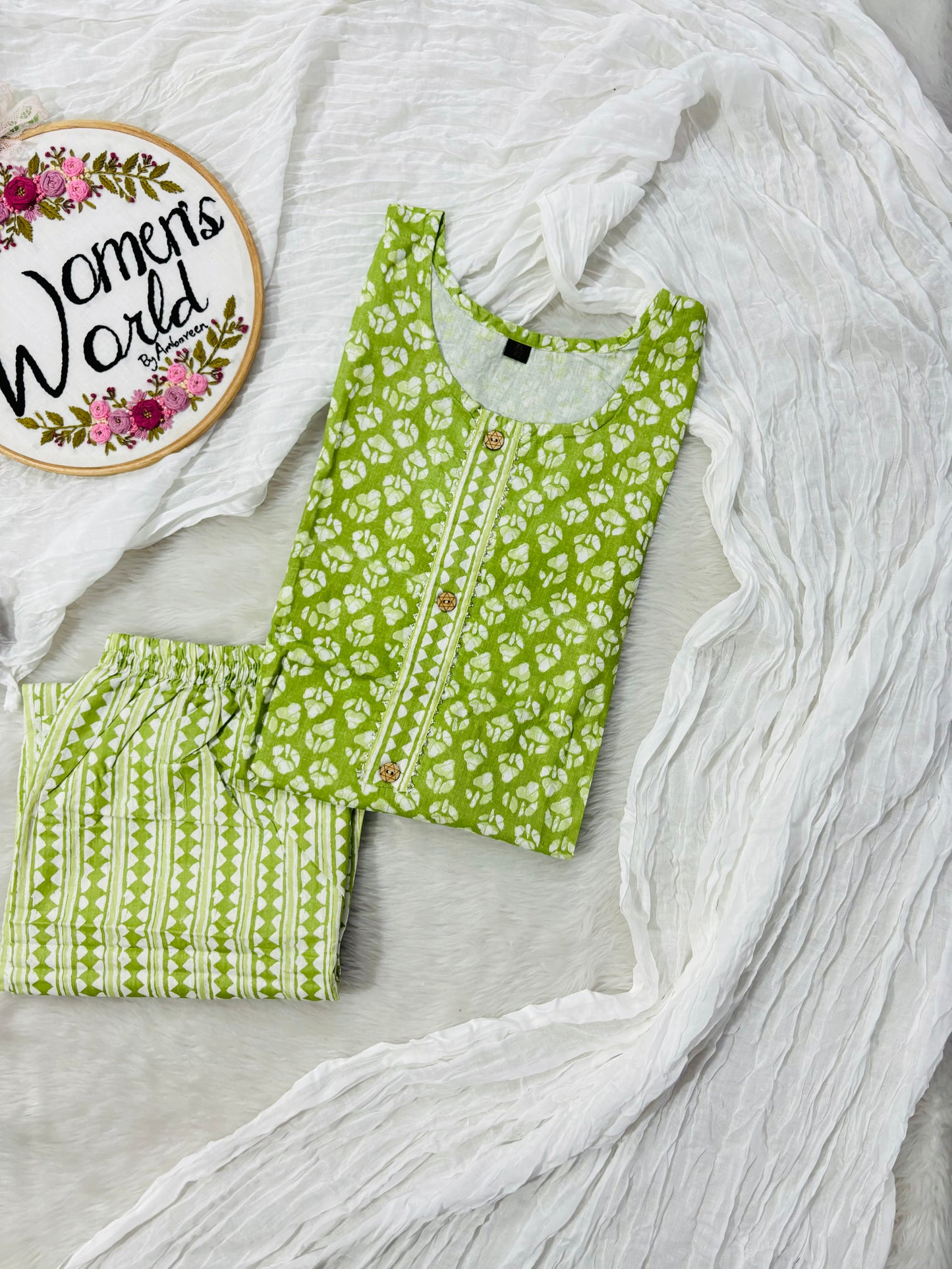 Parrot Green Stitched Pure Cotton Suit