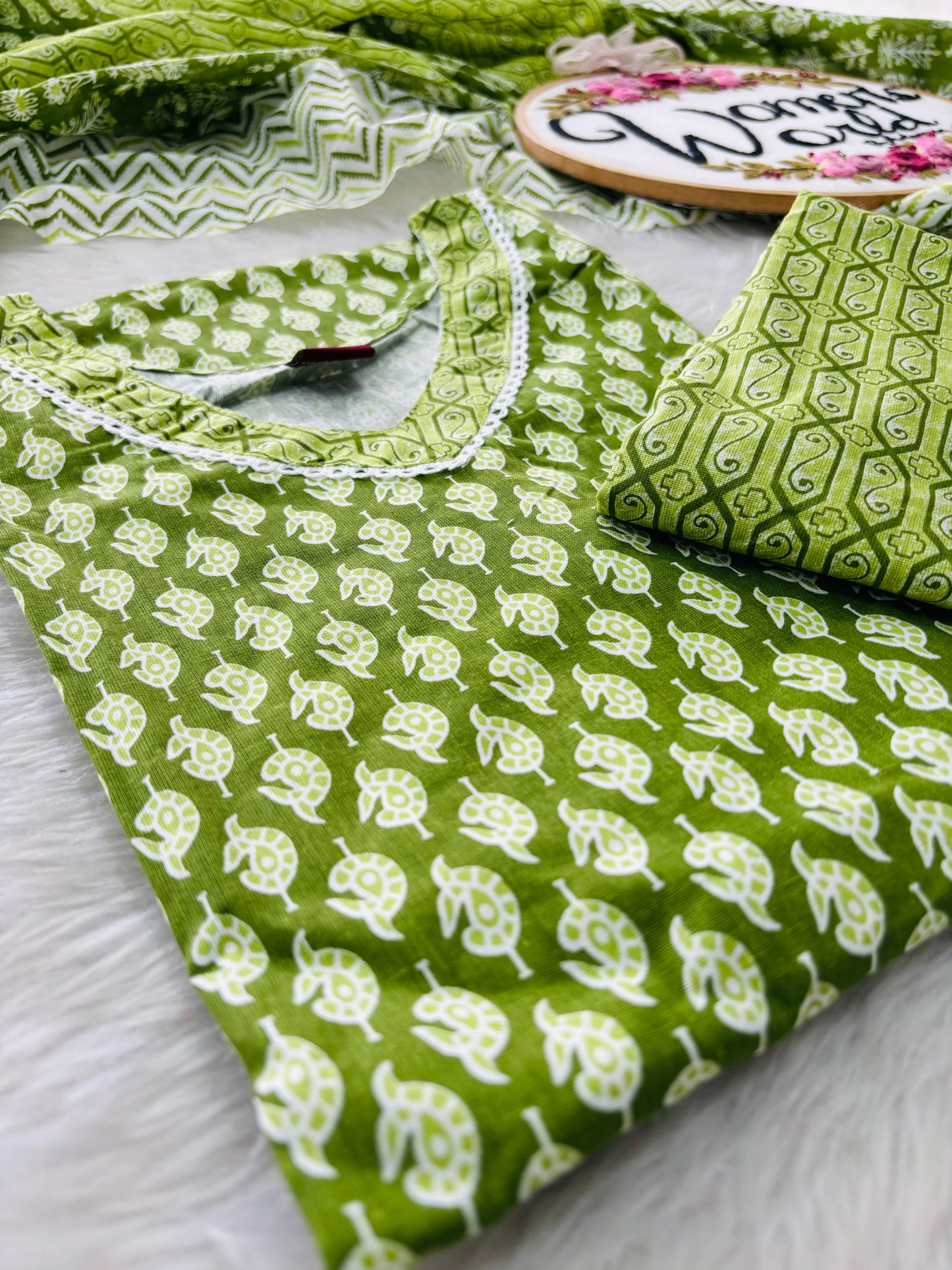 V neck green salwar with dupatta