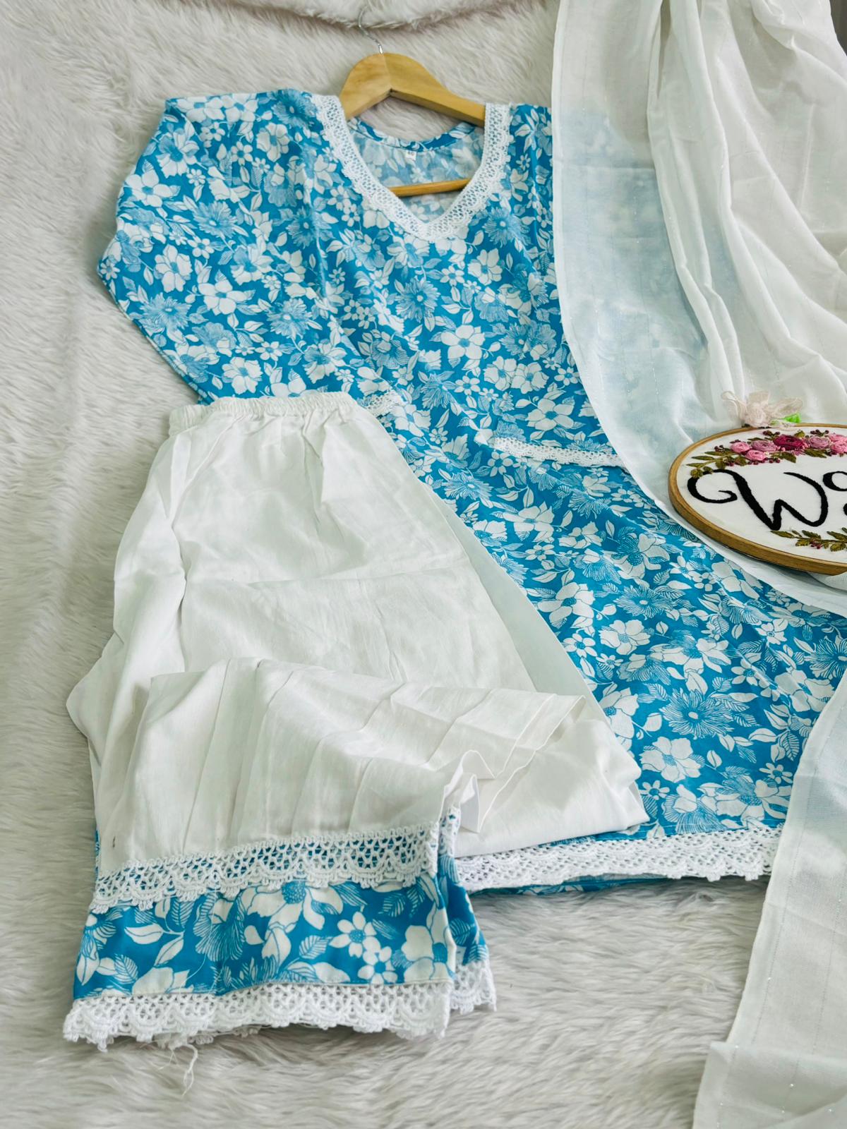 Skyblue floral Afghani suit