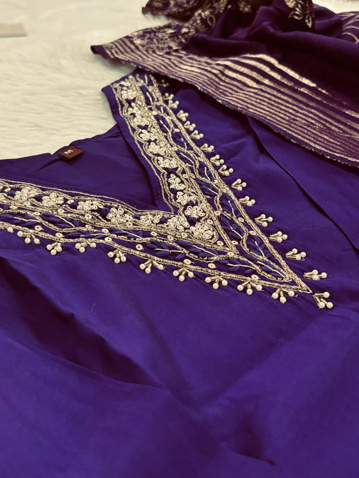 premium zardozi handwork purple roman silk suit