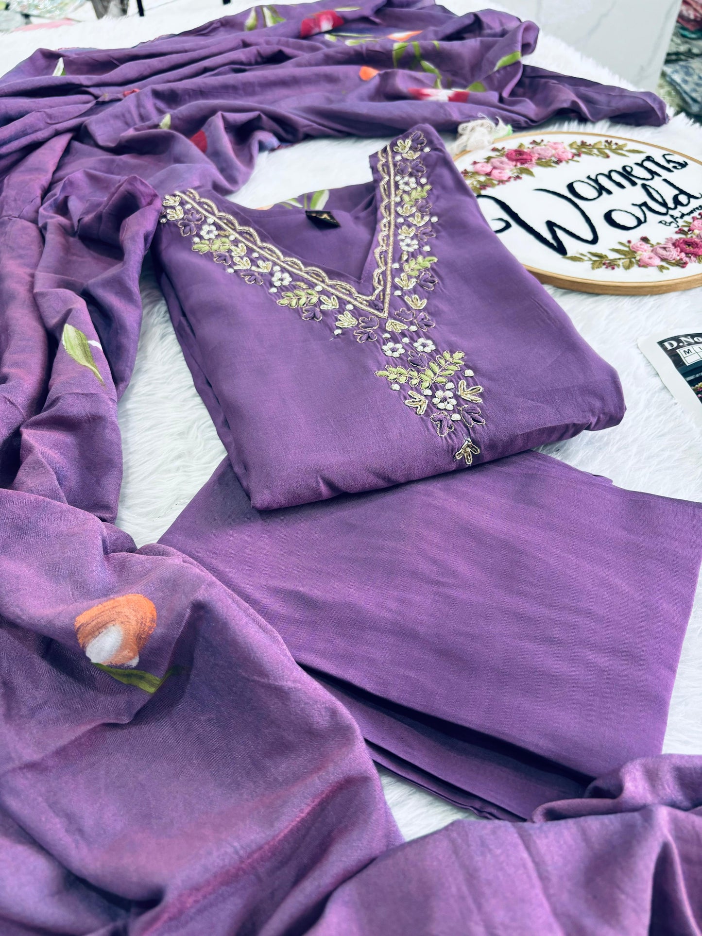 premium zardozi handwork purple roman silk suit