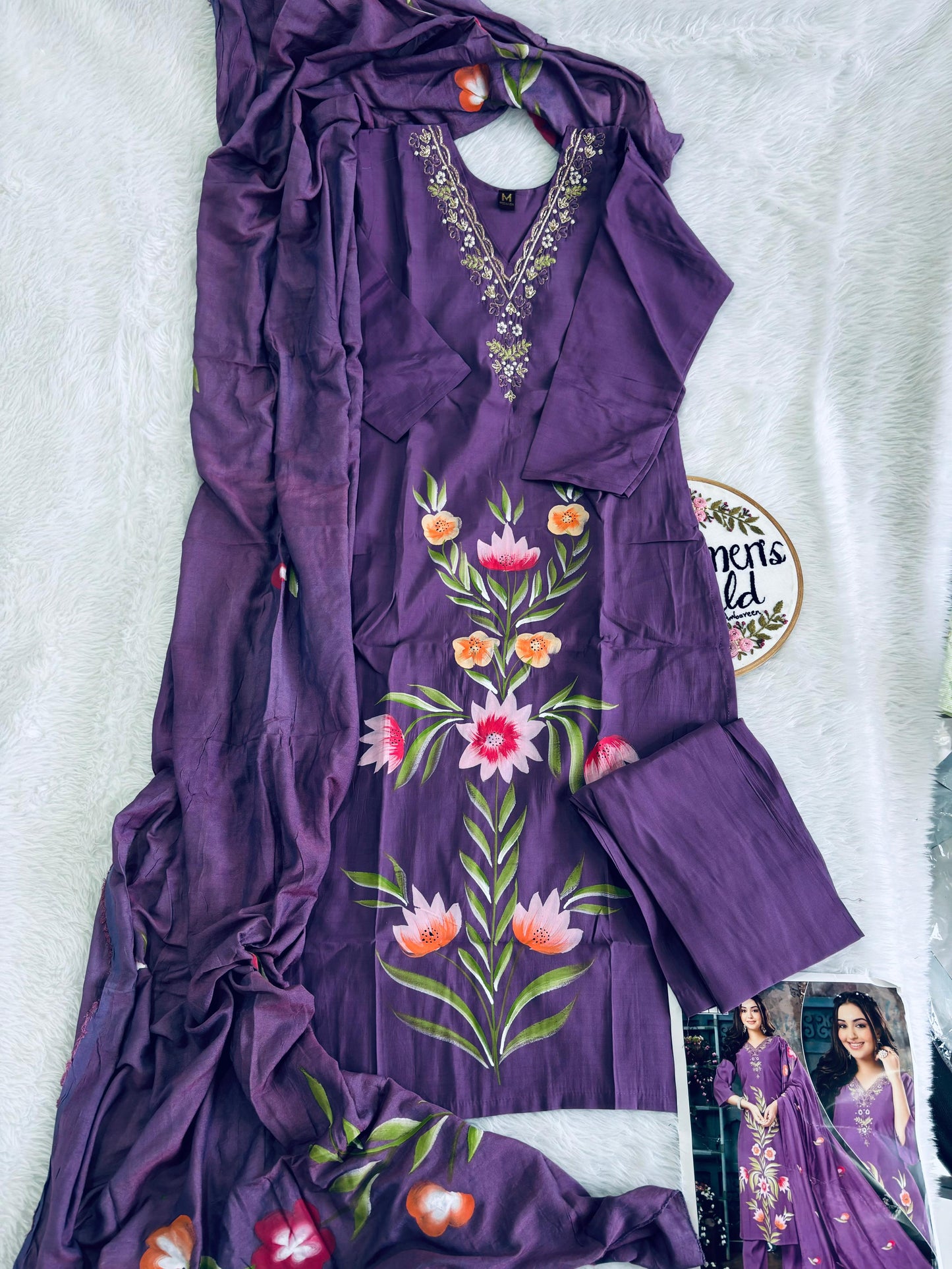 premium zardozi handwork purple roman silk suit