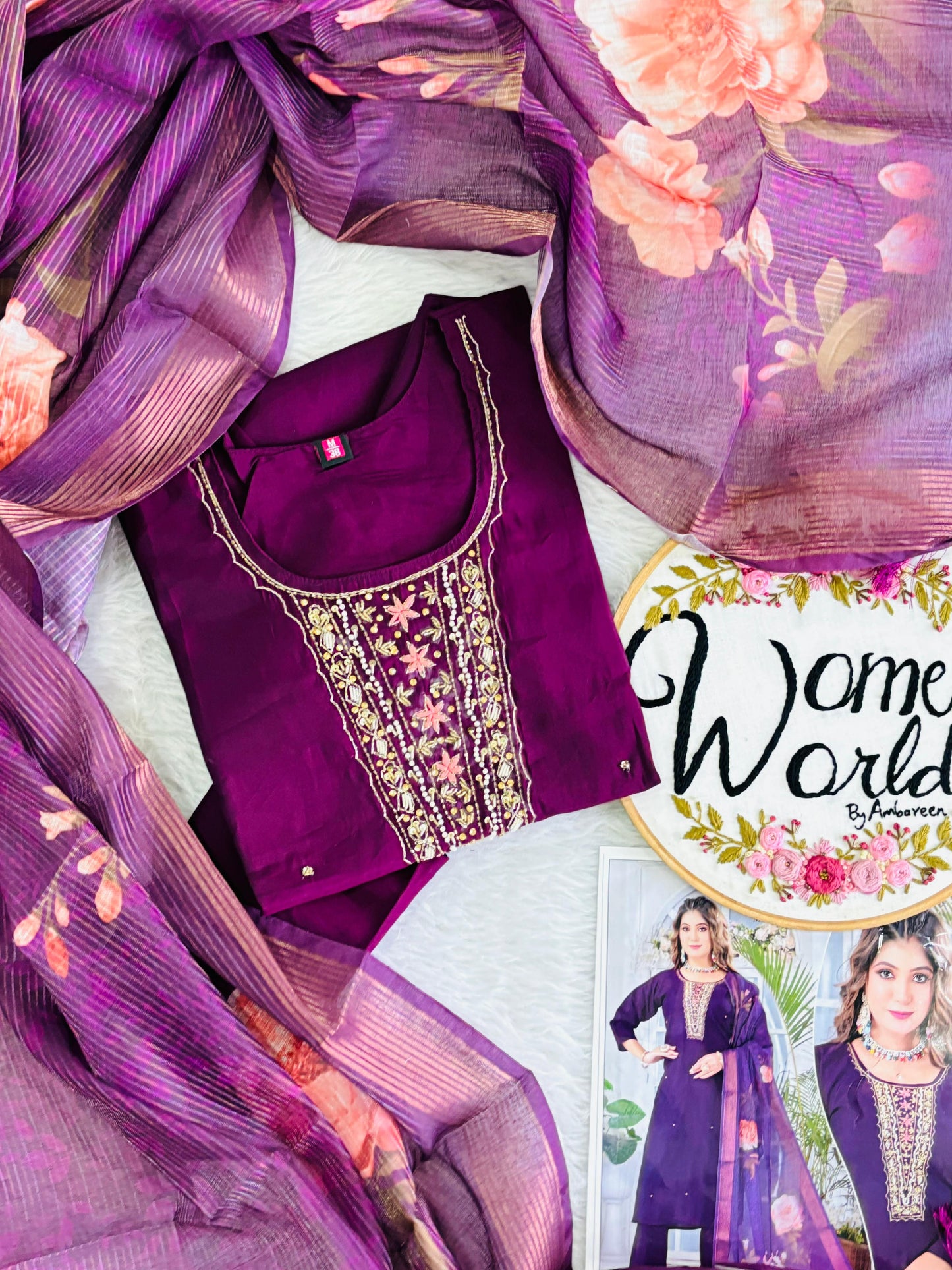 premium zardozi handwork purple roman silk suit