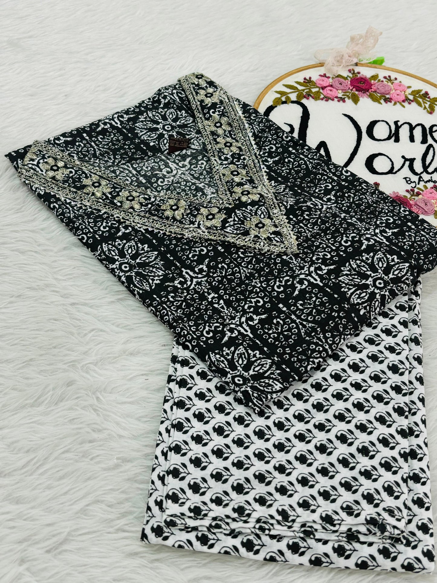 V neck embroidered cotton kurti pant set