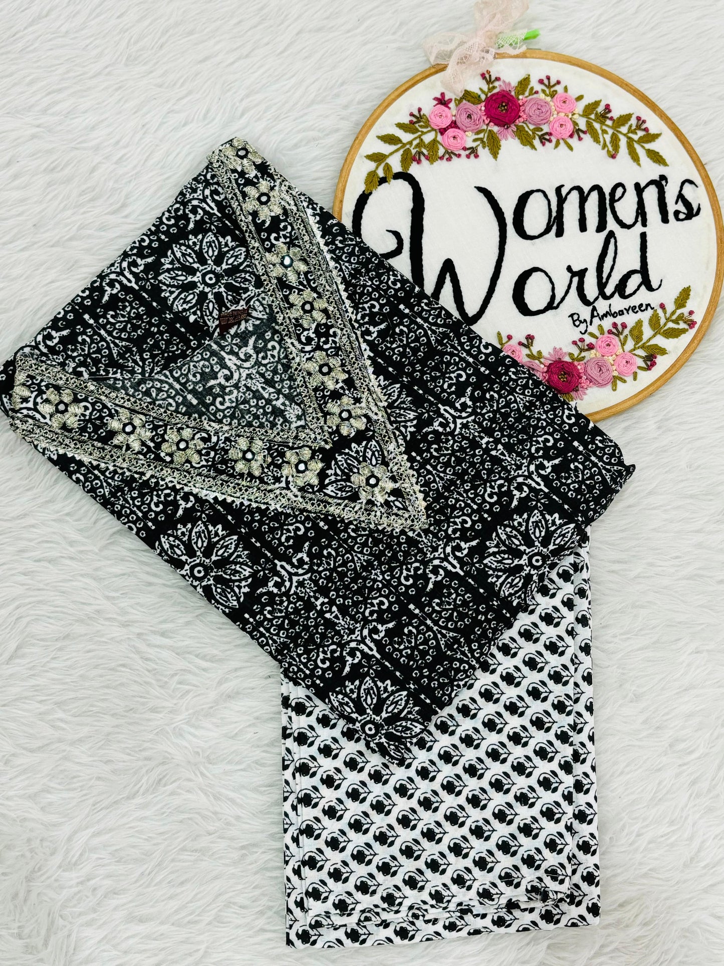 V neck embroidered cotton kurti pant set