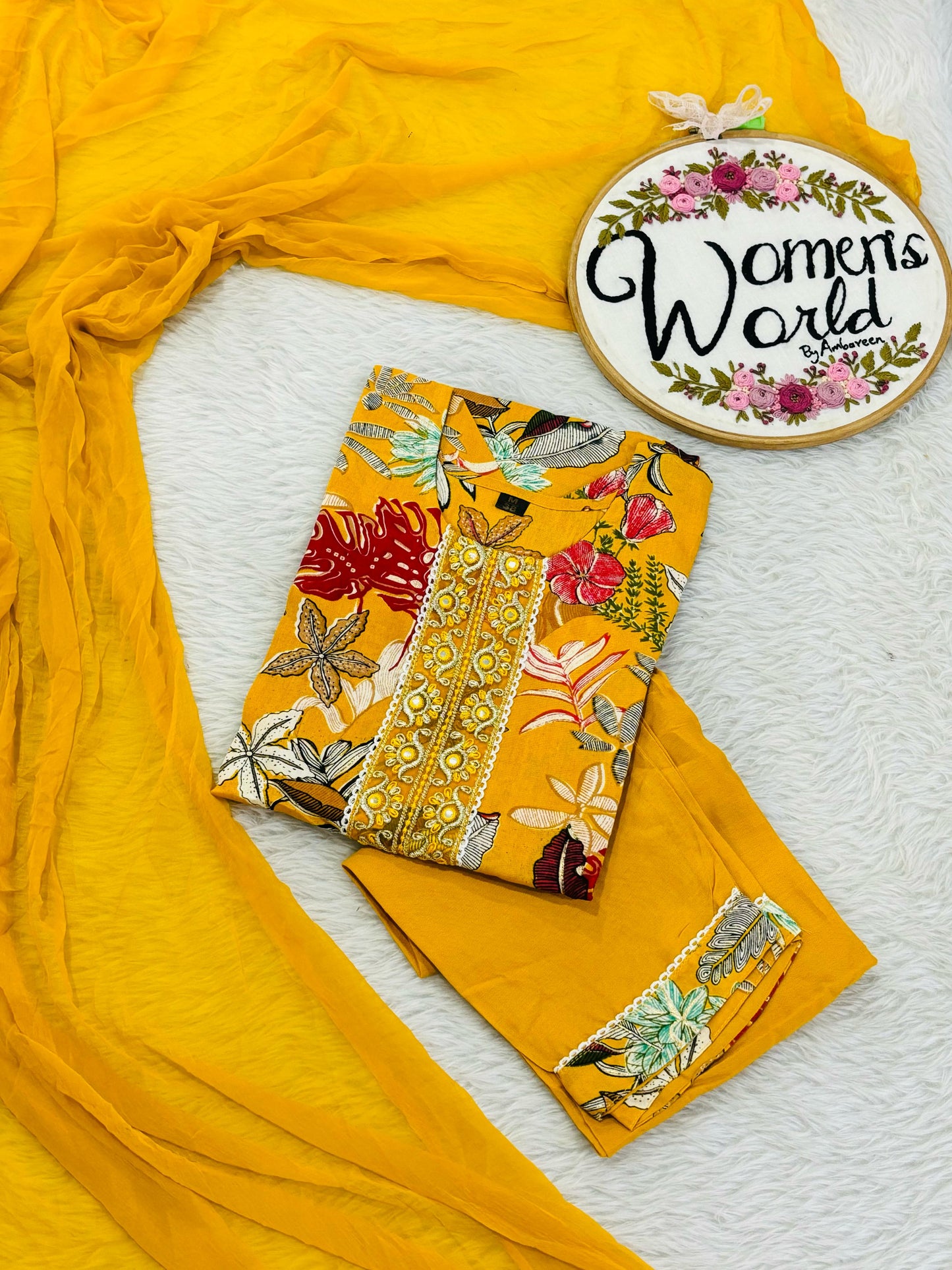 Floral embroidered yellow suit