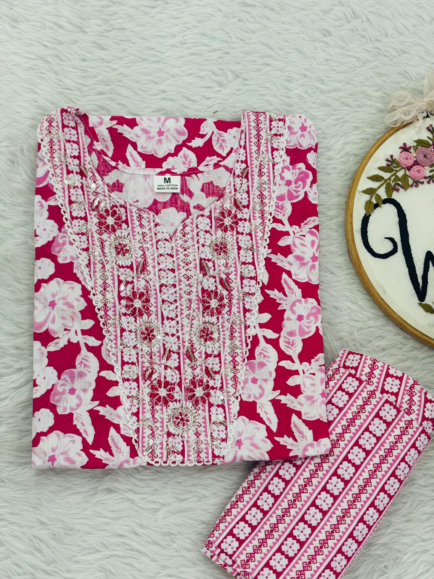 Embroidered cotton kurti pant set