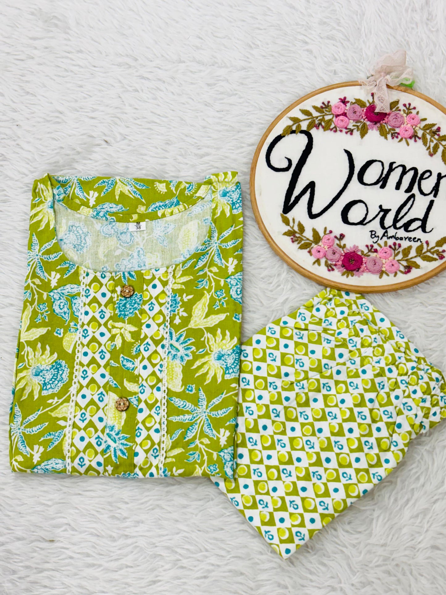 Floral green 💚 cotton kurti pant set