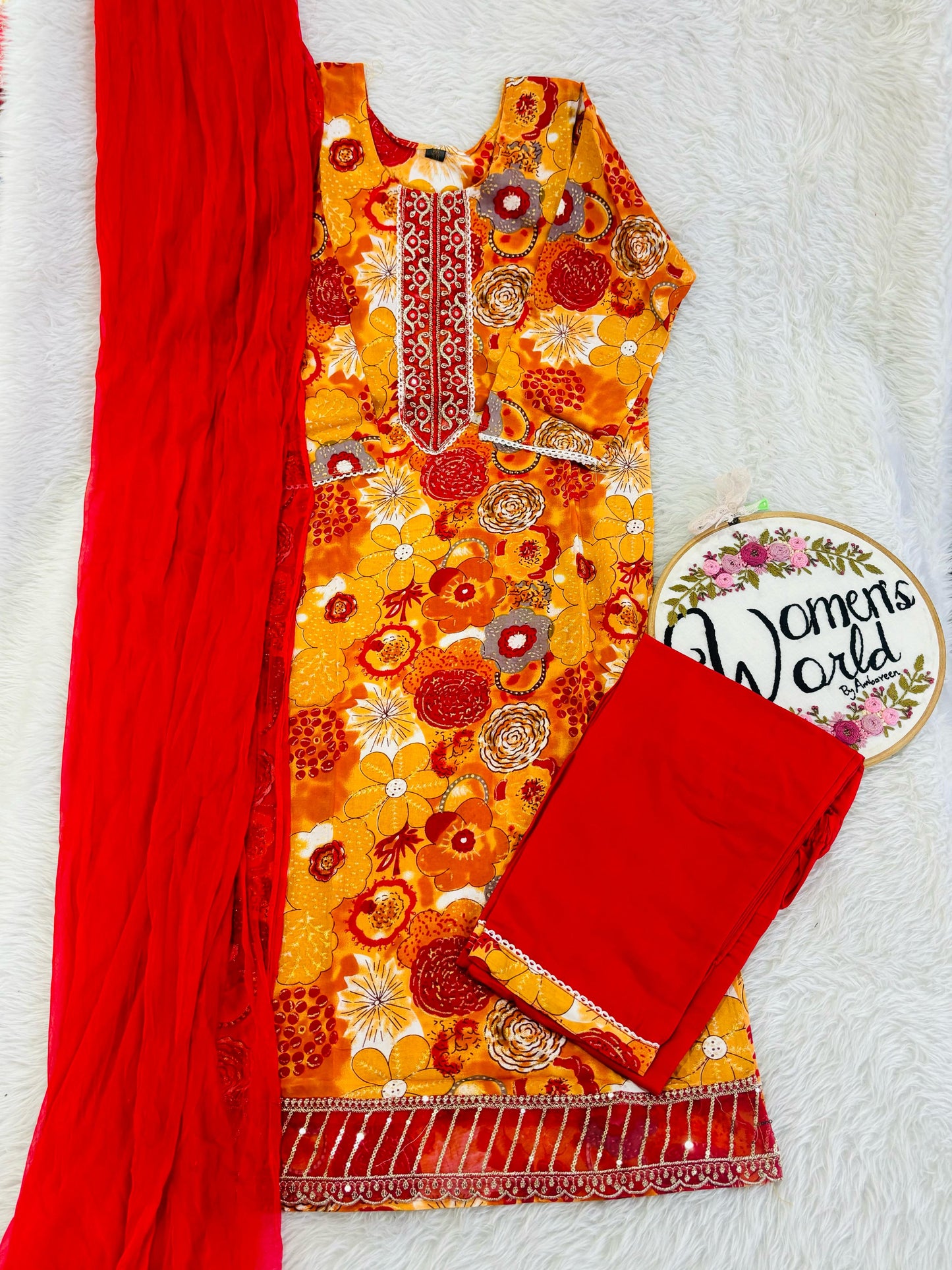 Floral embroidered yellow suit