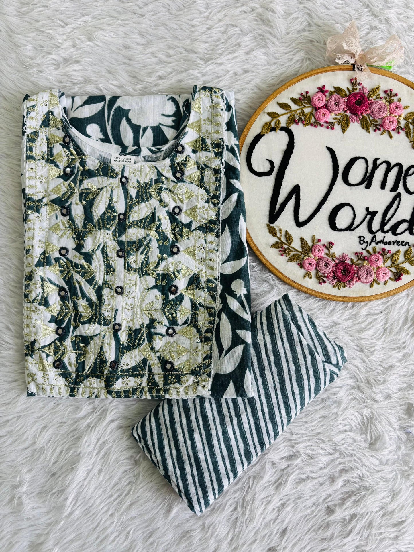 Embroidered cotton kurti pant set