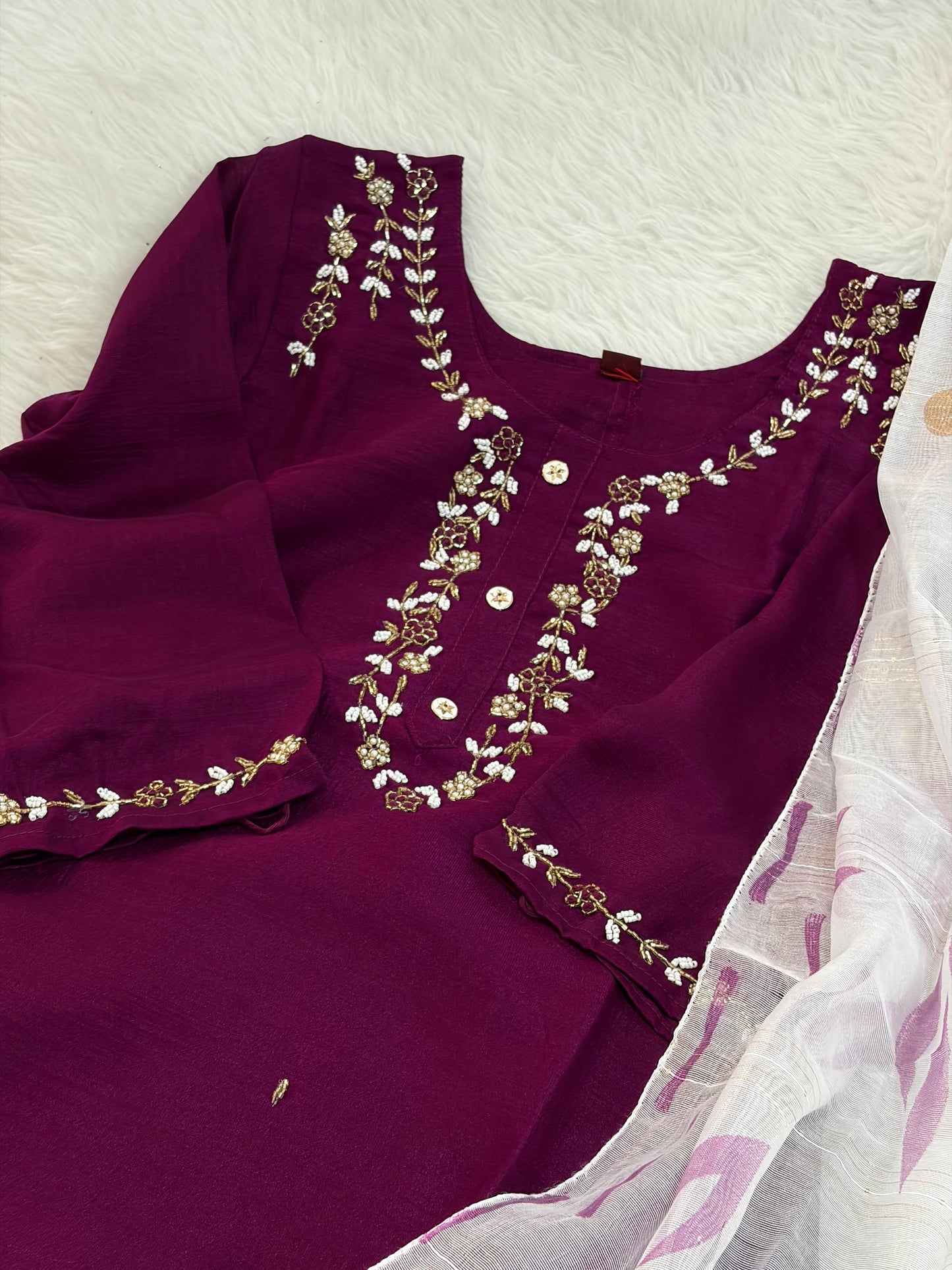 Handwork dark purple suit with brush paint dupatta
