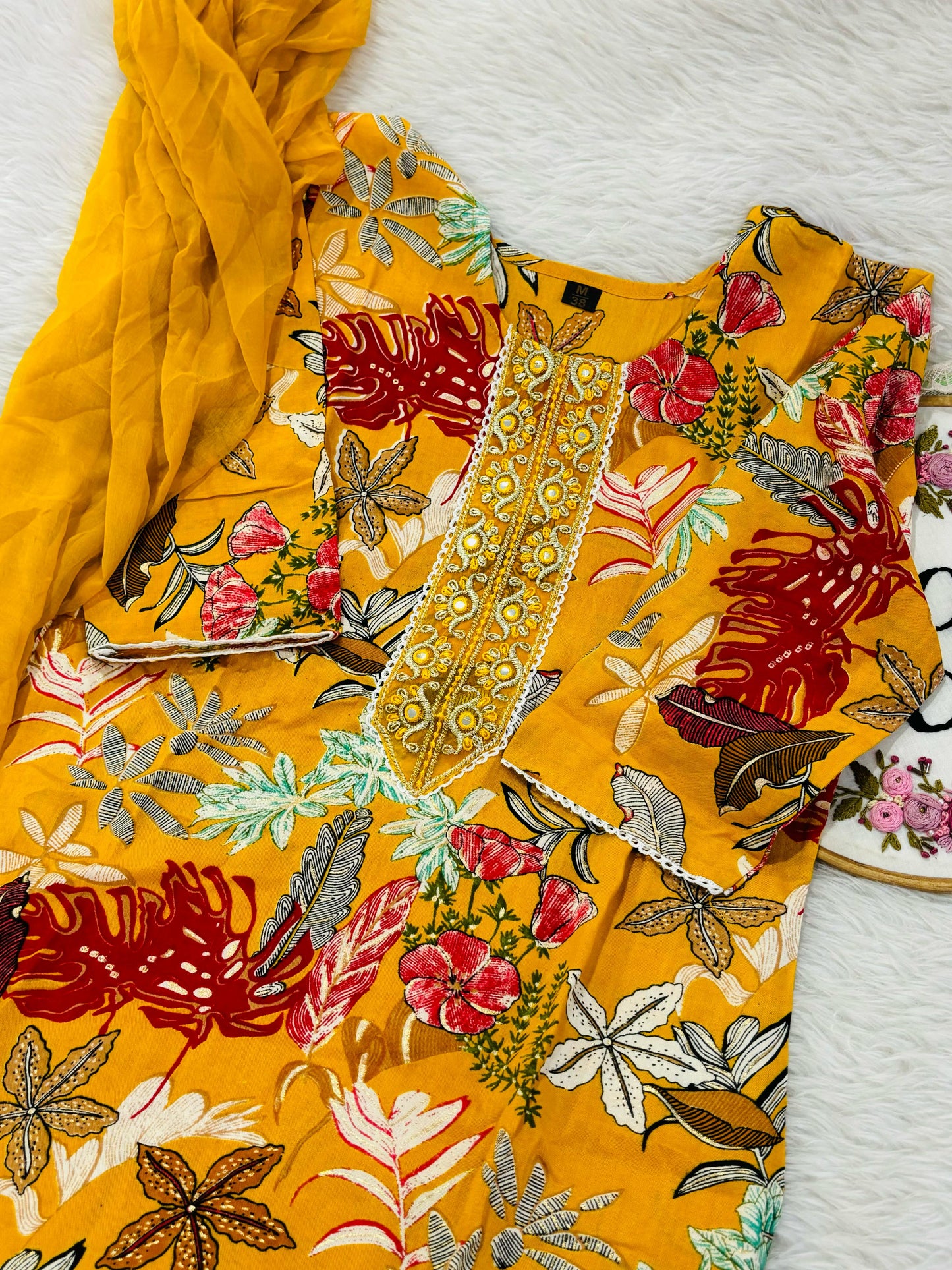 Floral embroidered yellow suit