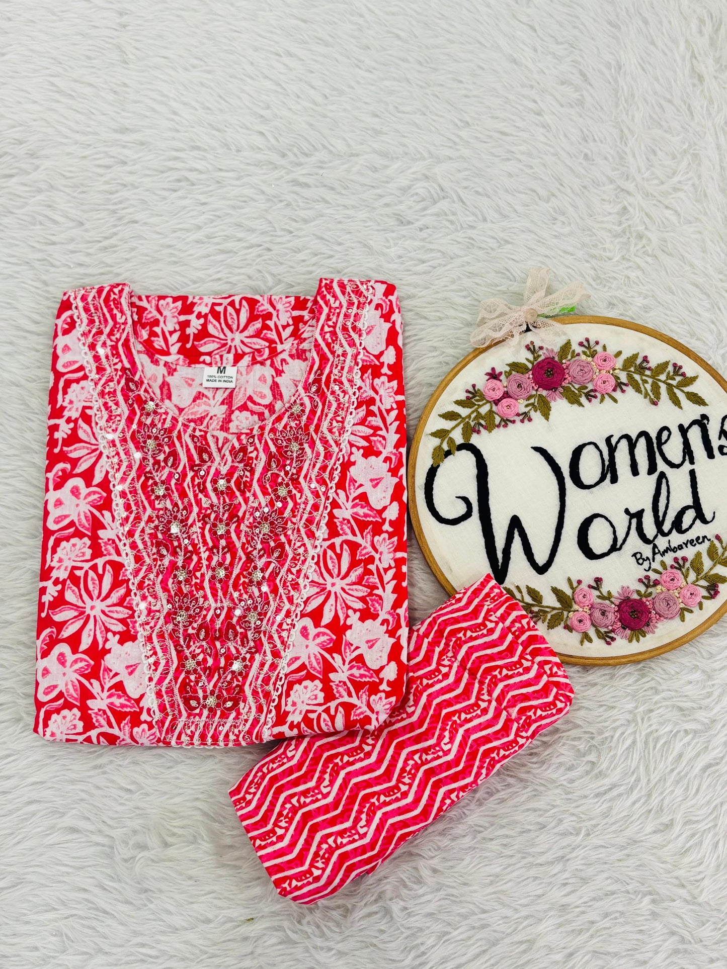 Embroidered cotton kurti pant set