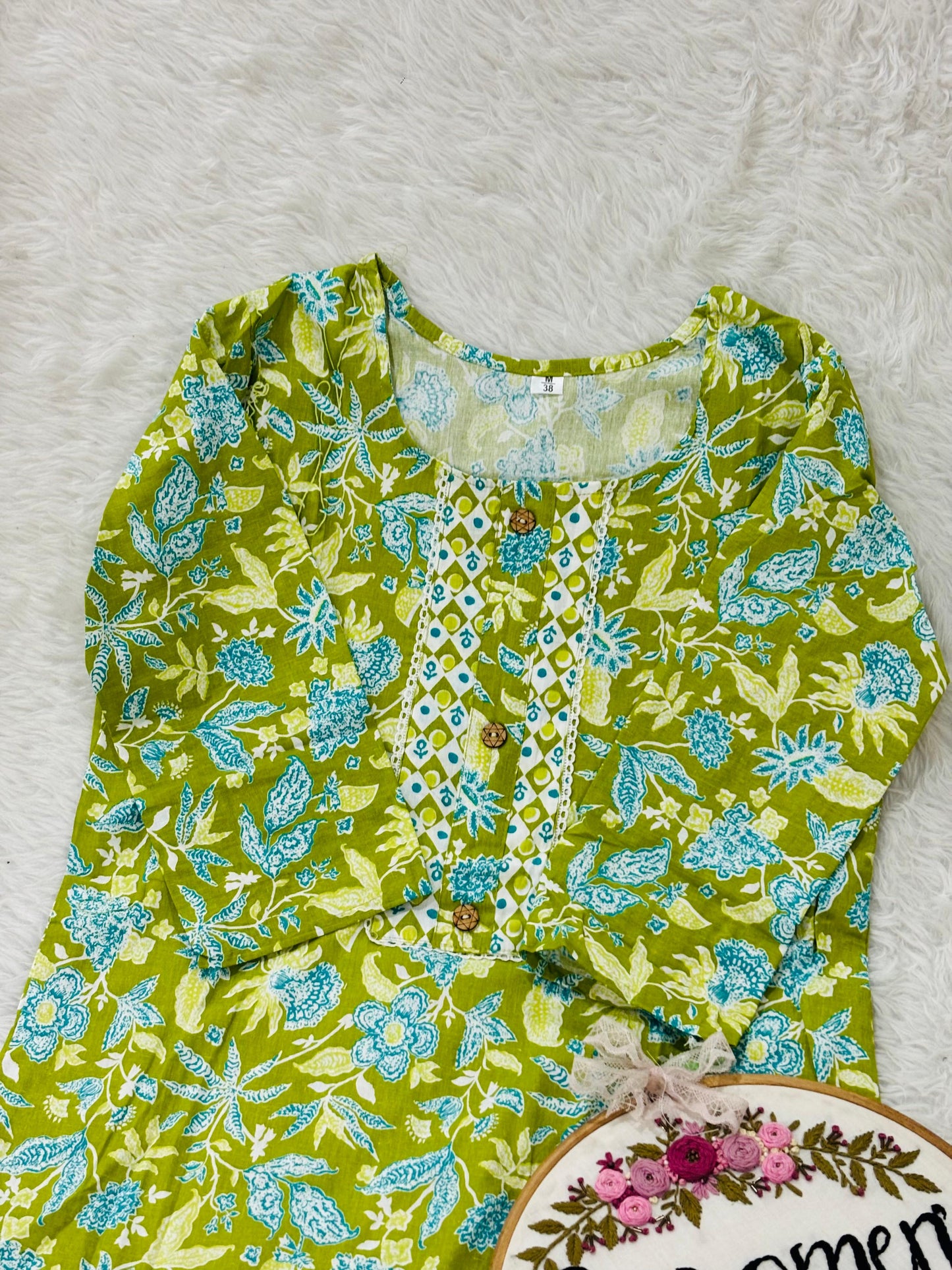 Floral green 💚 cotton kurti pant set