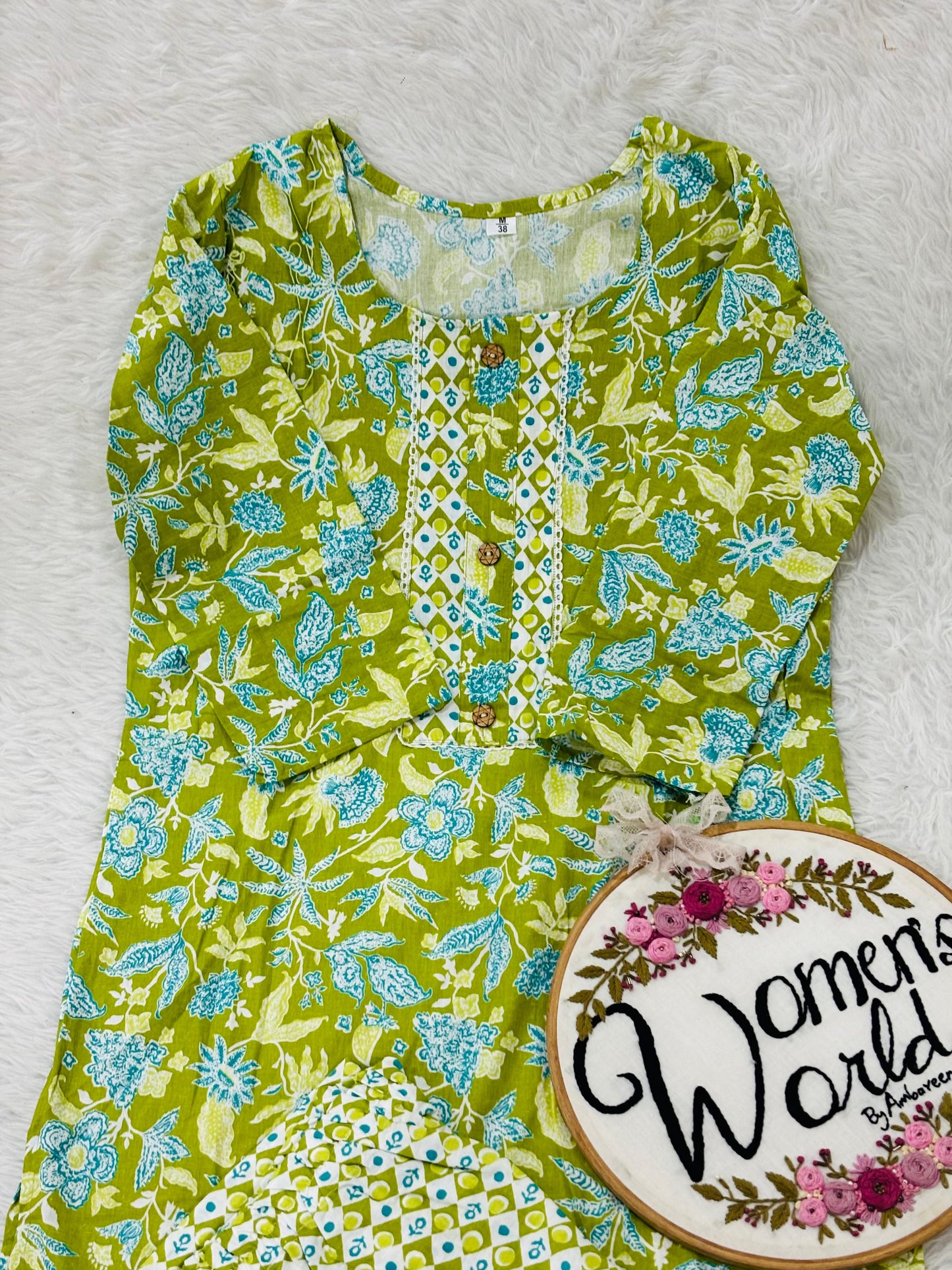 Floral green 💚 cotton kurti pant set