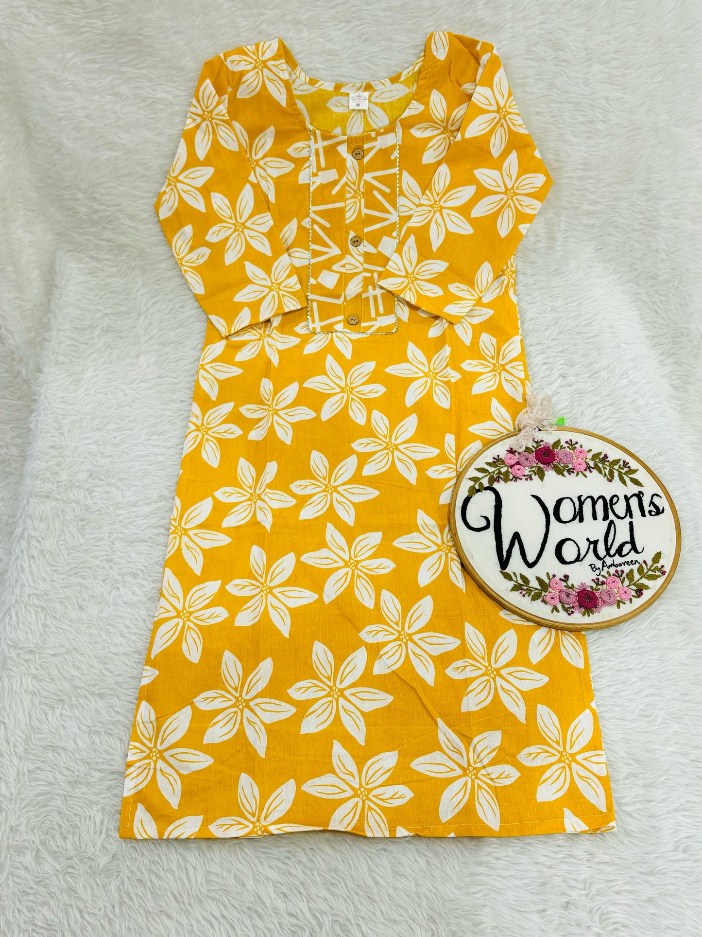Yellow floral Pure cotton straight kurti