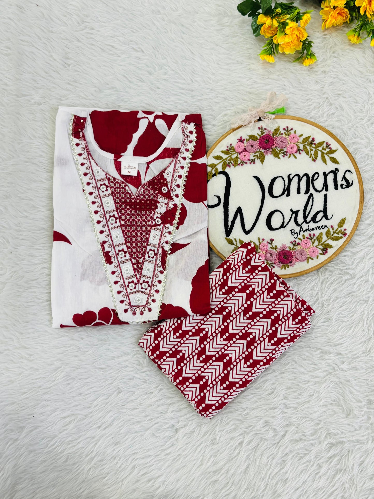 Embroidered cotton kurti pant set