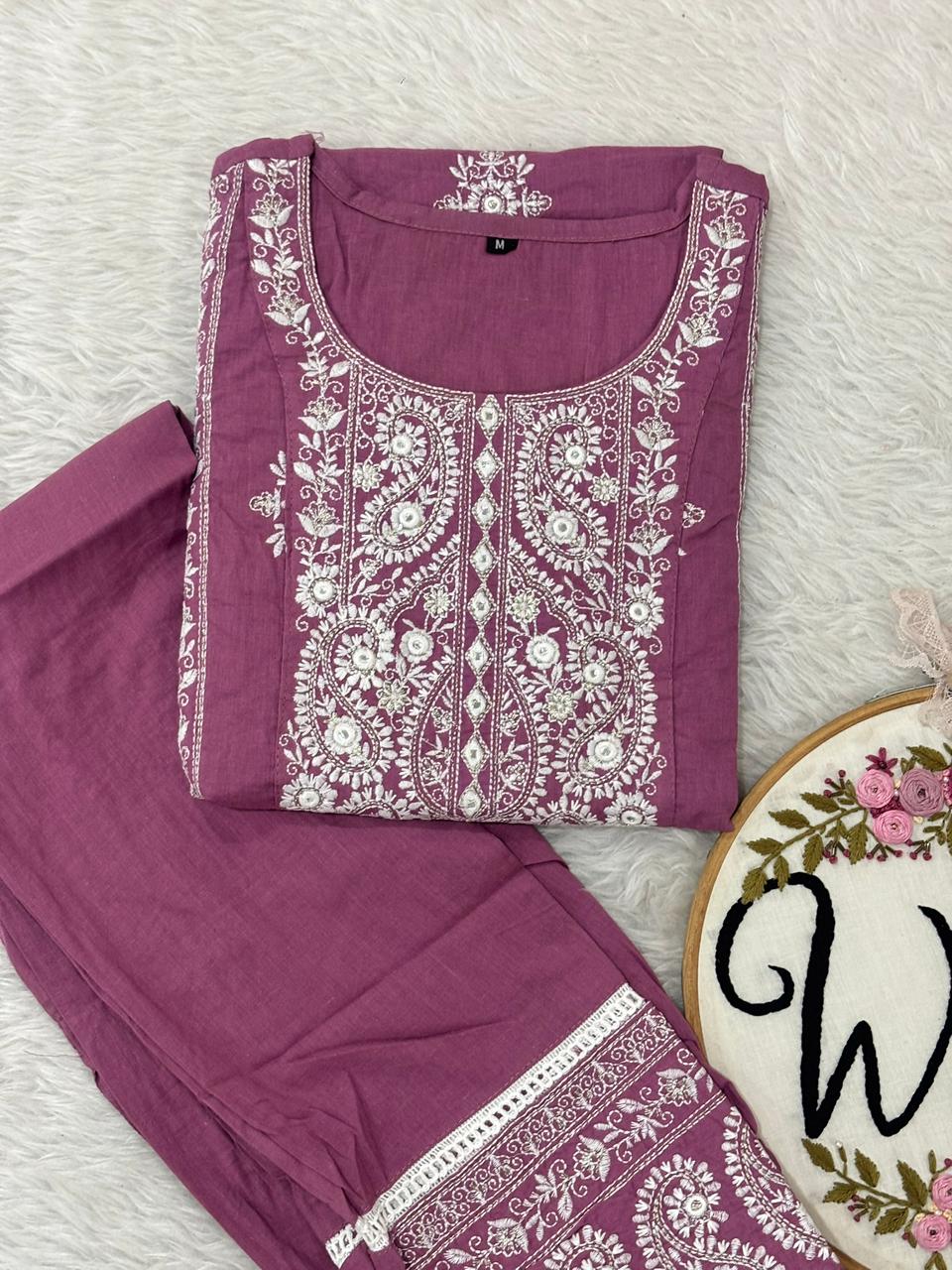 Mauve chikankari kurtipant suit