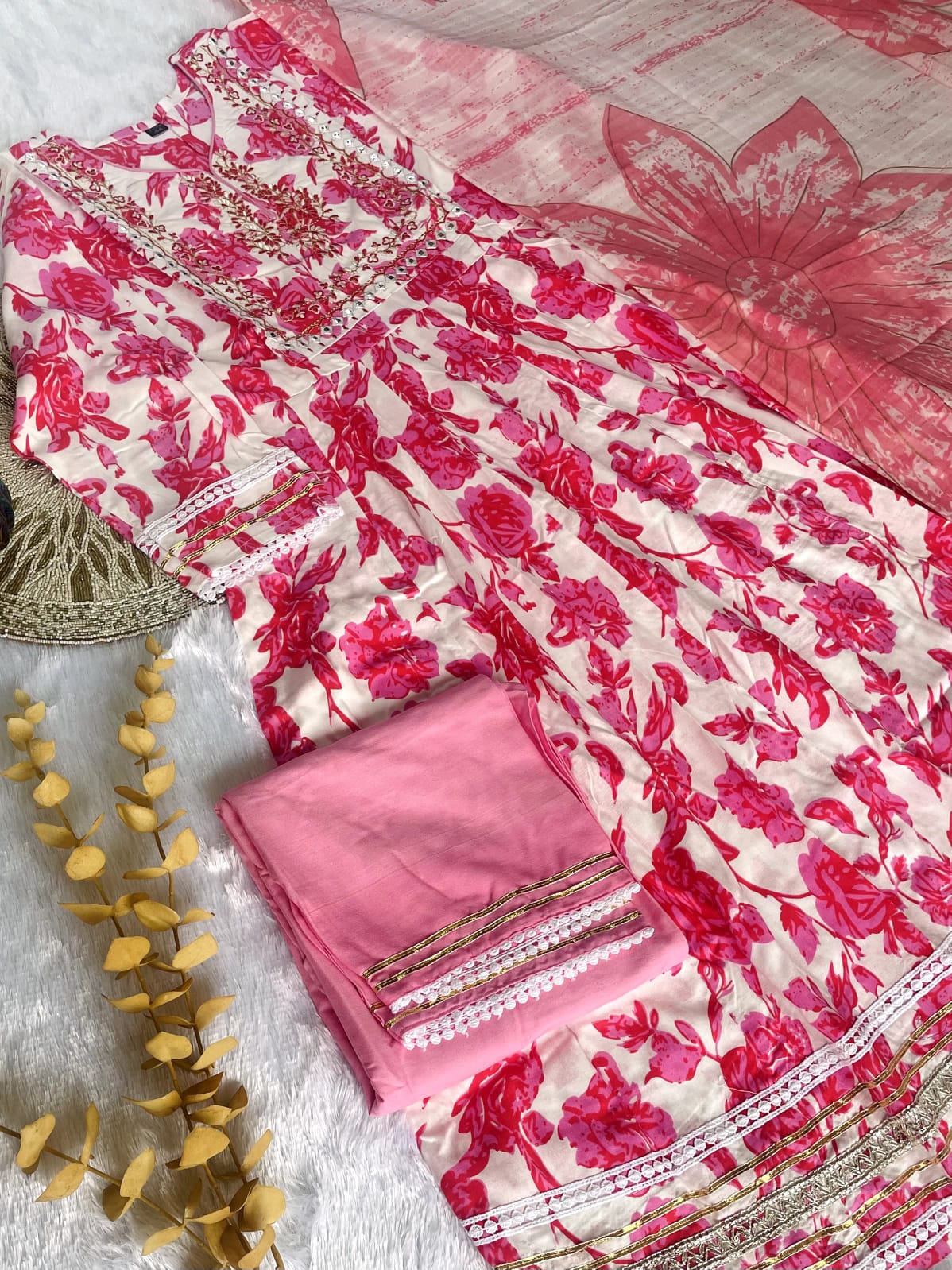 Premium Floral soft cotton Anarkali 3 pc suit