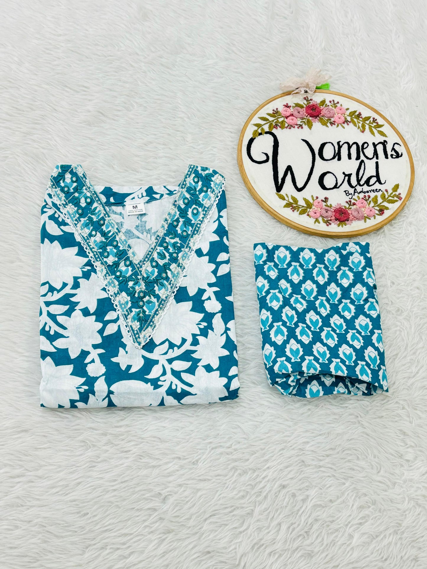 V neck embroidered cotton kurti pant set