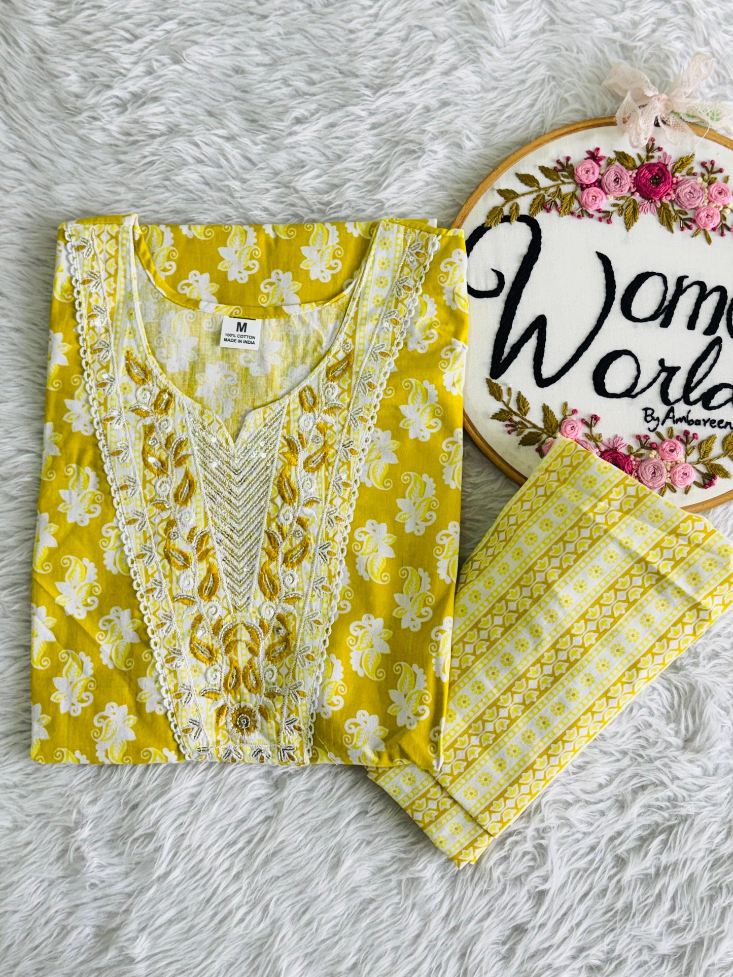 Embroidered cotton kurti pant set