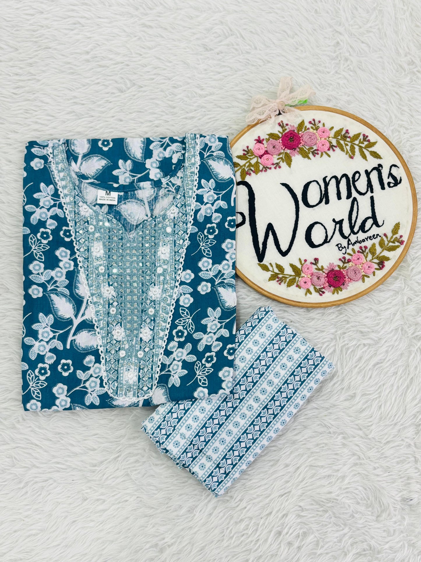 Embroidered cotton kurti pant set