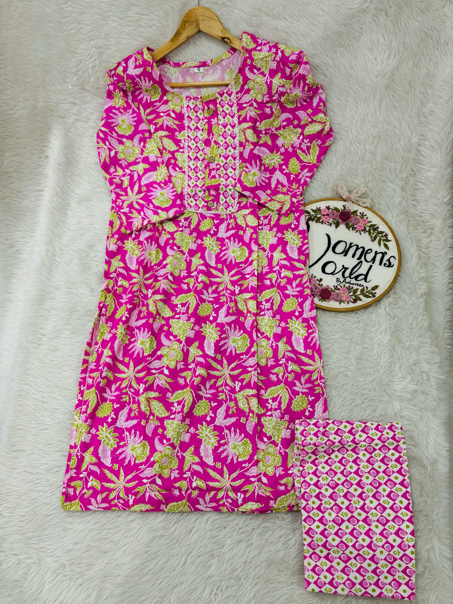Pink pure cotton kurti pant set