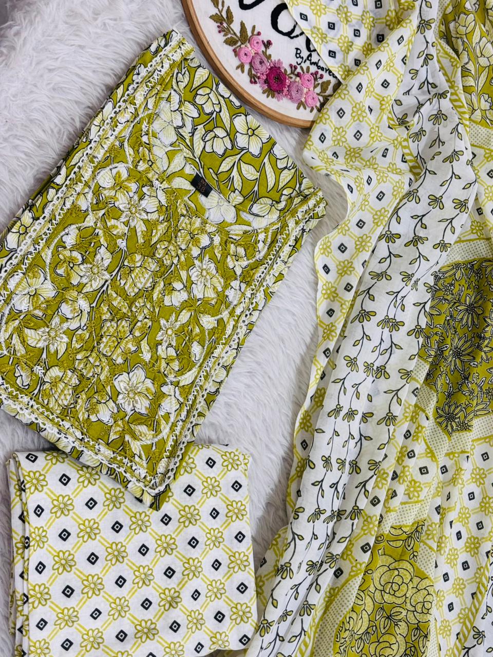 Kalamkari Embroidered Pure cotton 3 pc suit