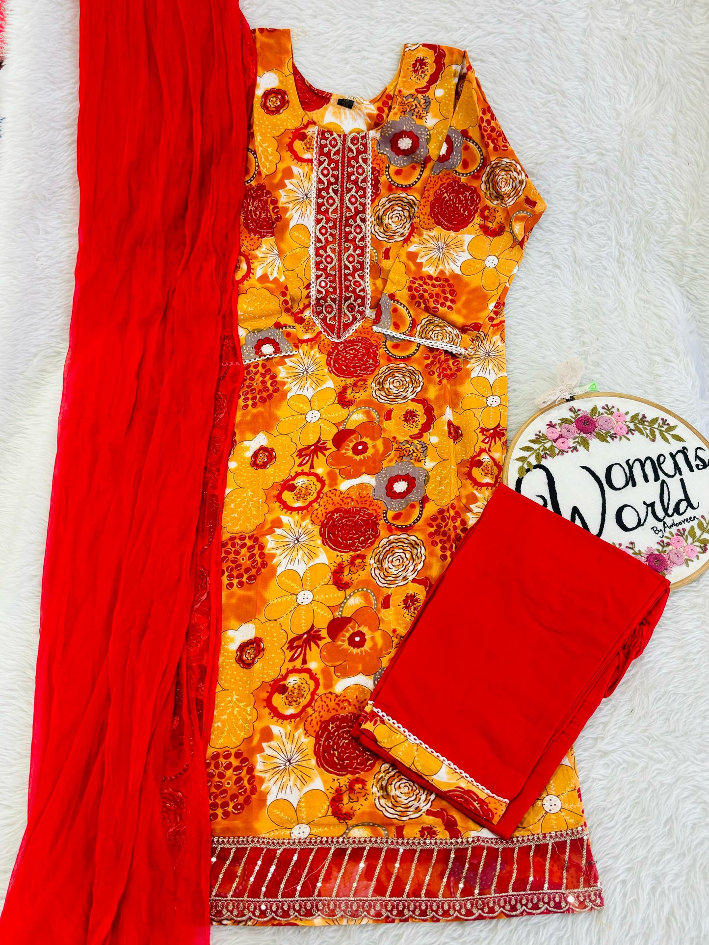 Floral embroidered yellow suit