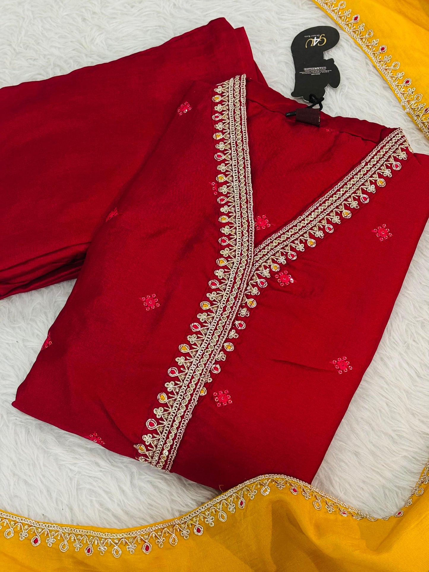 Partywear romansilk pink yellow contrast suit