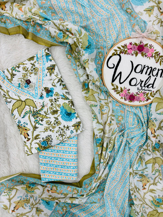 White mixed mehendi floral Salwar with Dupatta