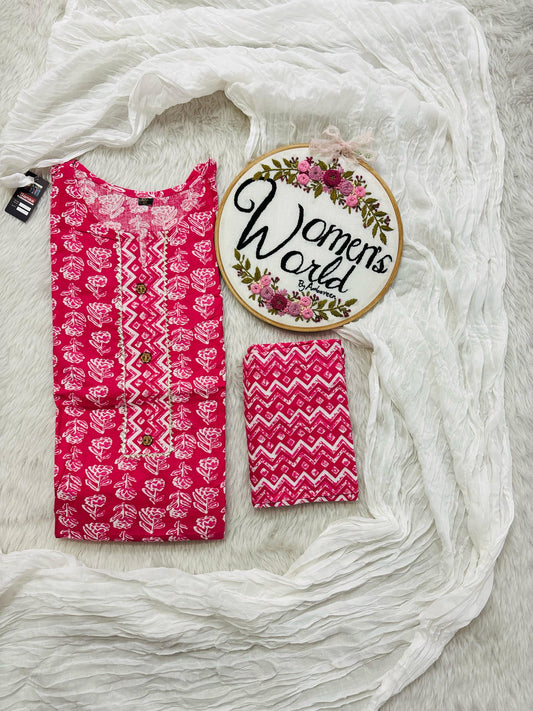 Pink Peony Stitched Pure Cotton Suit