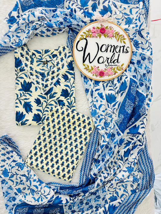 V neck Creamy Blue Salwar with Dupatta