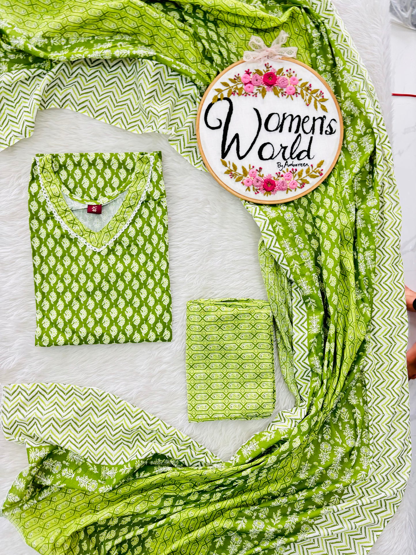 V neck green salwar with dupatta