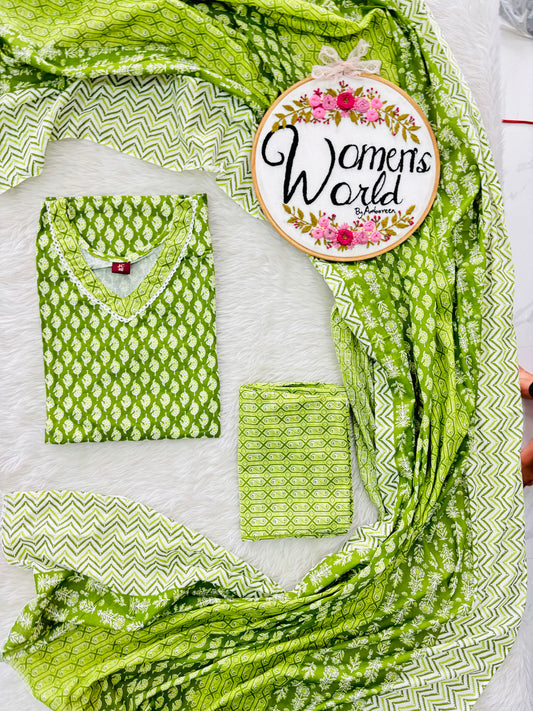 V neck green salwar with dupatta