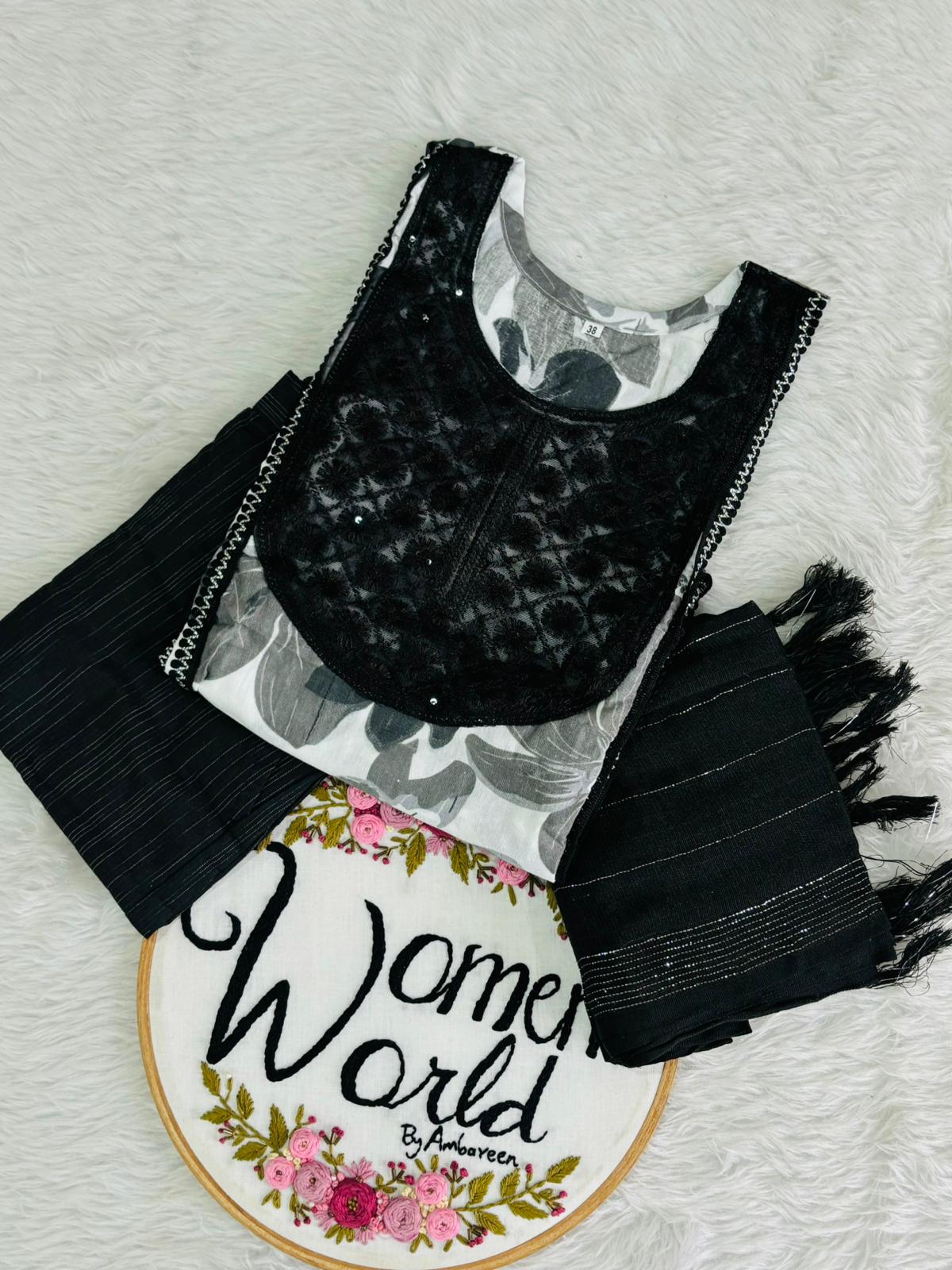 Office wear black and white floral suit