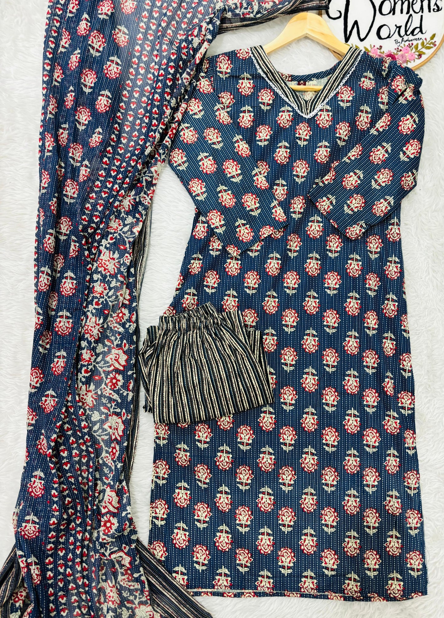 Kalamkari blue stitched cotton suit