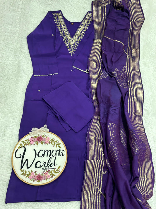 premium zardozi handwork purple roman silk suit