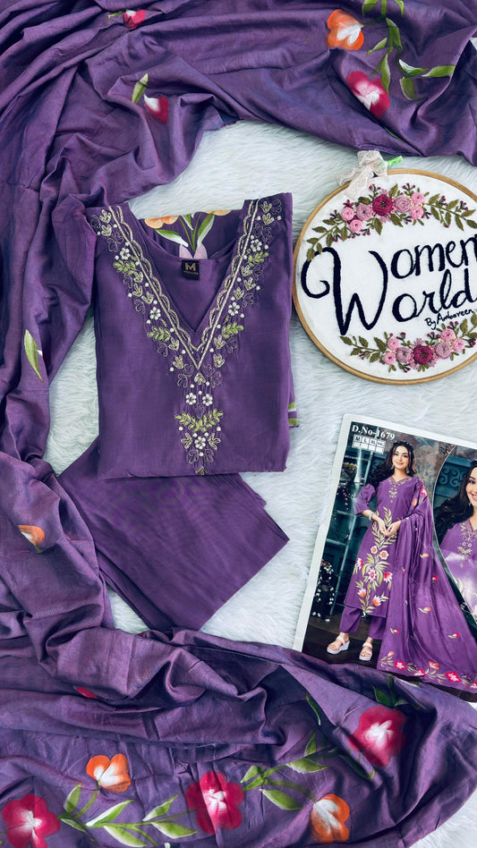 premium zardozi handwork purple roman silk suit