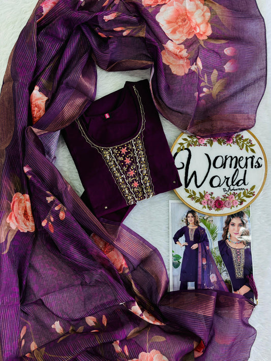 premium zardozi handwork purple roman silk suit