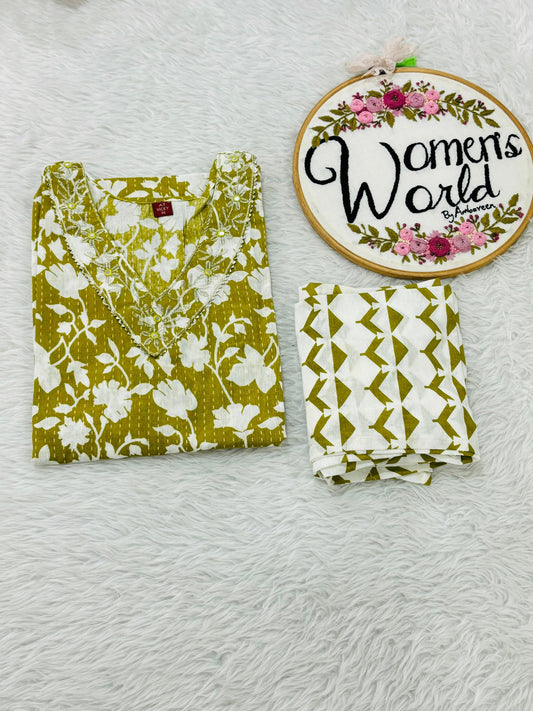 V neck embroidered cotton kurti pant set