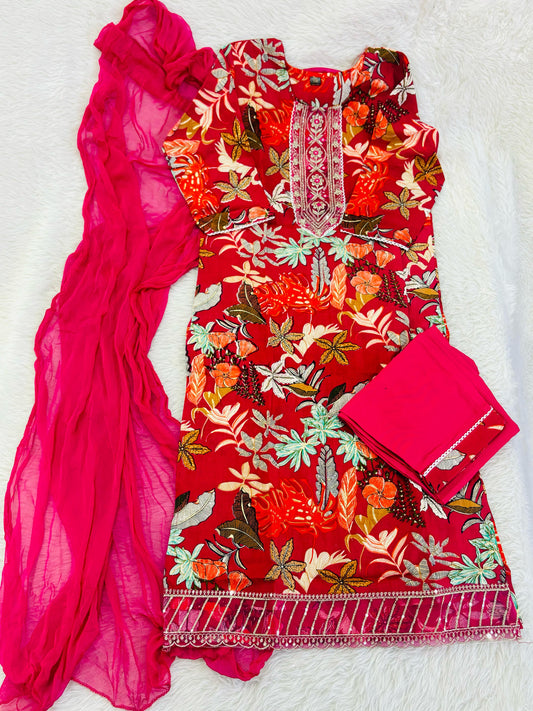 Floral embroidered hotpink suit
