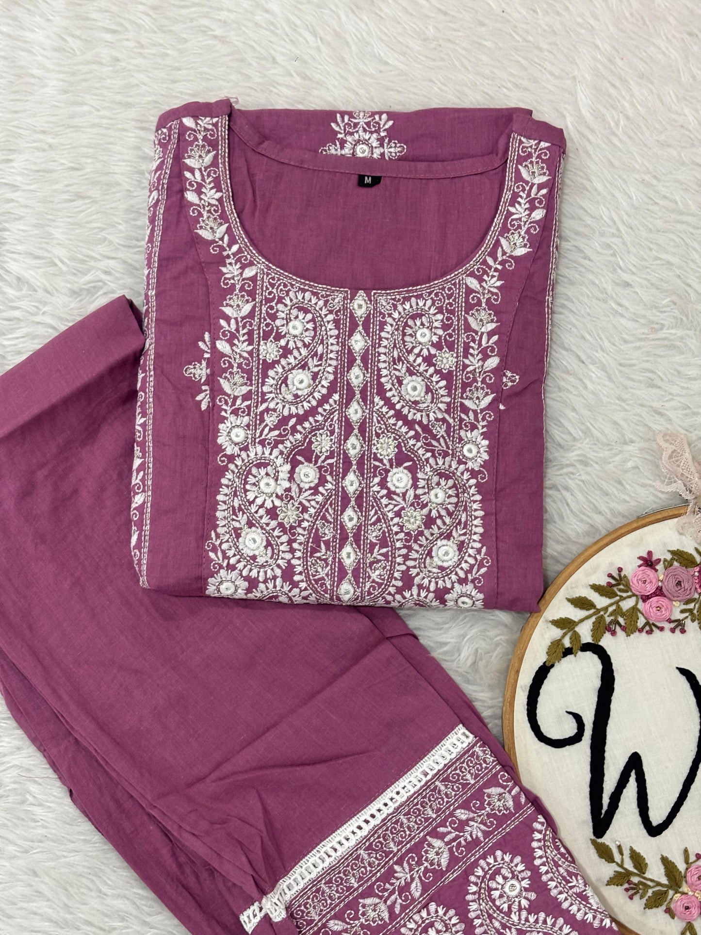 Mauve chikankari kurtipant suit