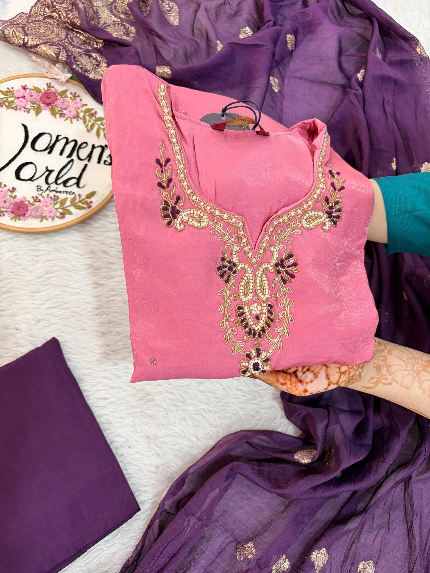 Pastel pink handwork suit with contrast banarasi dupatta
