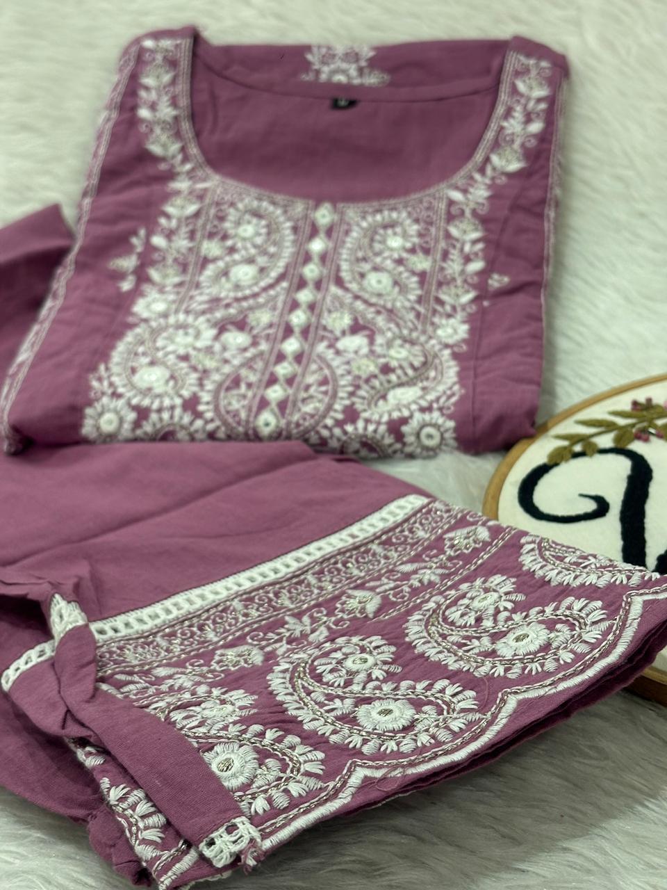 Mauve chikankari kurtipant suit