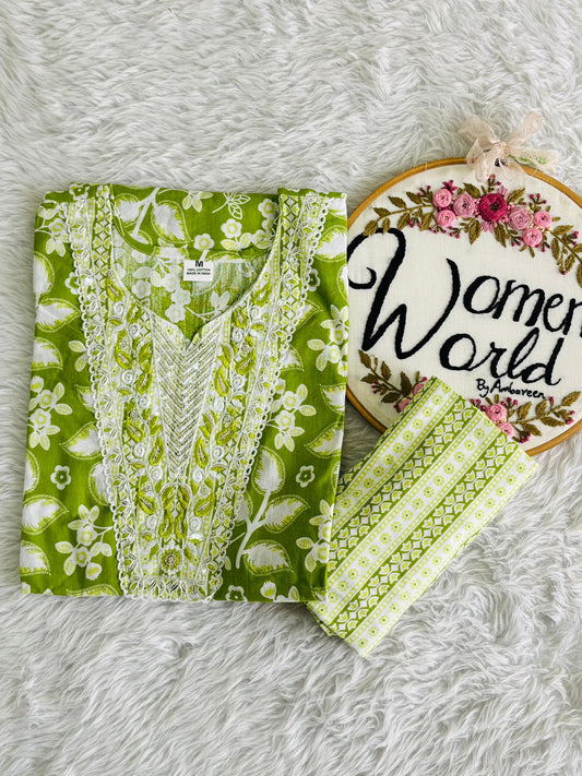 Embroidered cotton kurti pant set