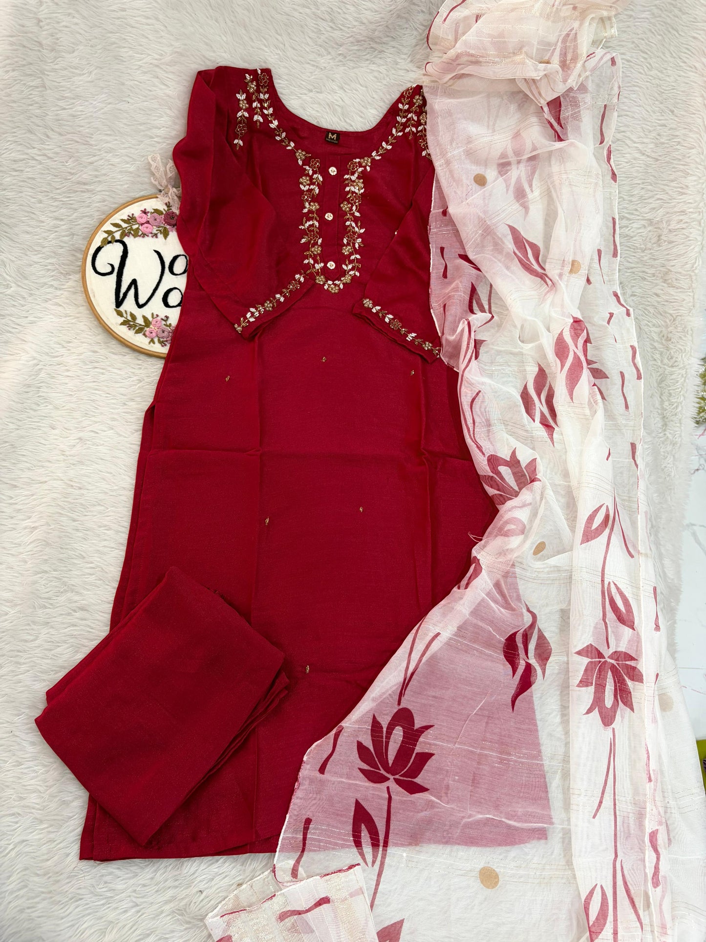 Handwork cherry red suit with brush paint dupatta
