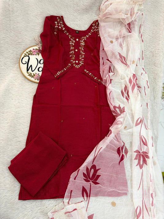 Handwork cherry red suit with brush paint dupatta
