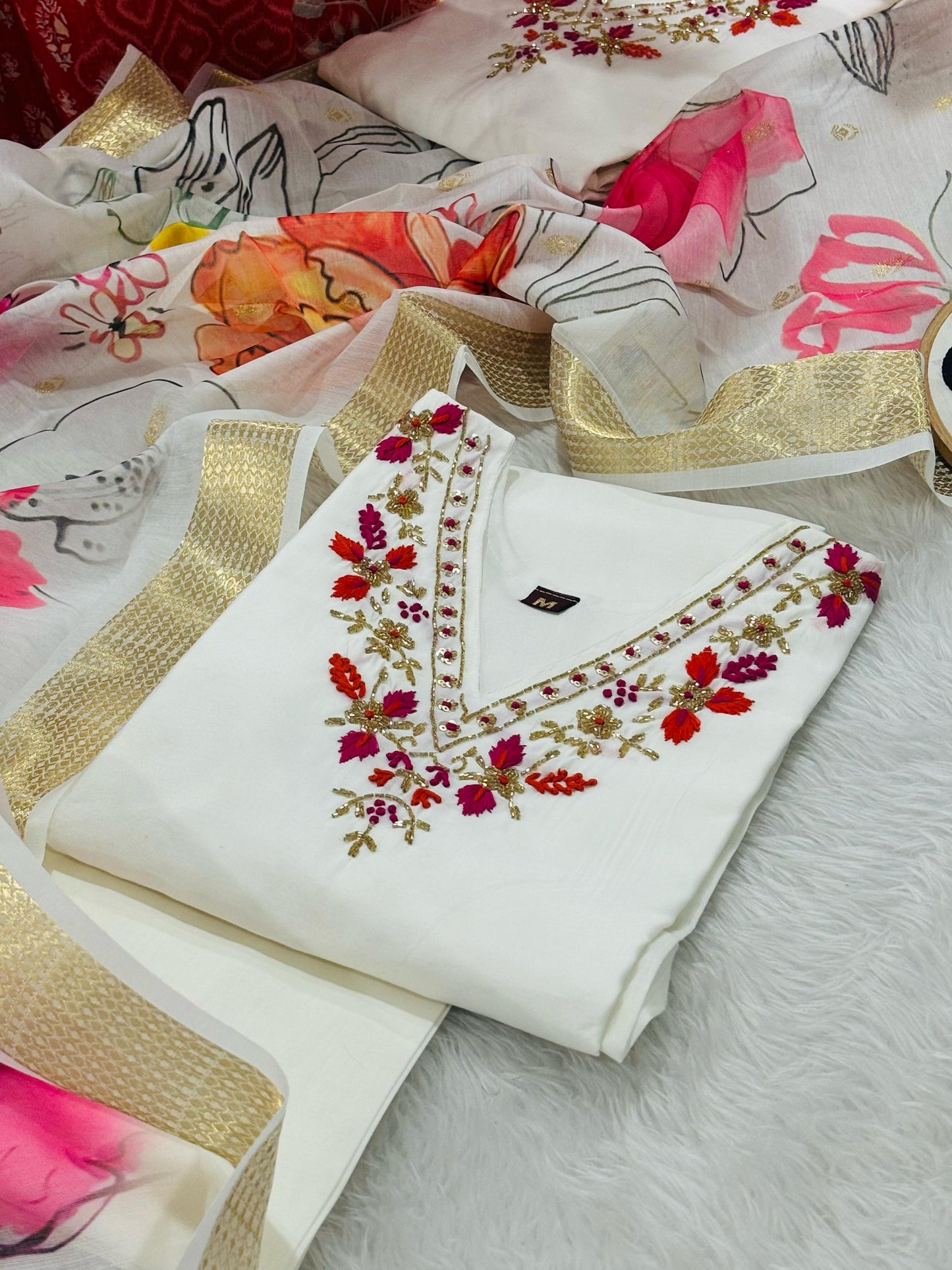 White Handwork suit with floral dupatta